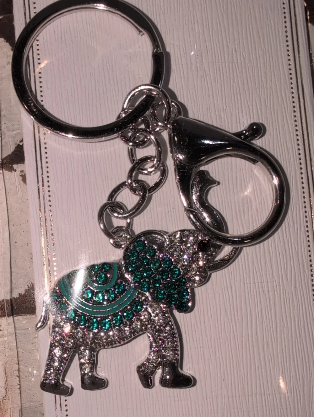 Silver Elephant Keychain with Teal Crystals - Women's Accessory